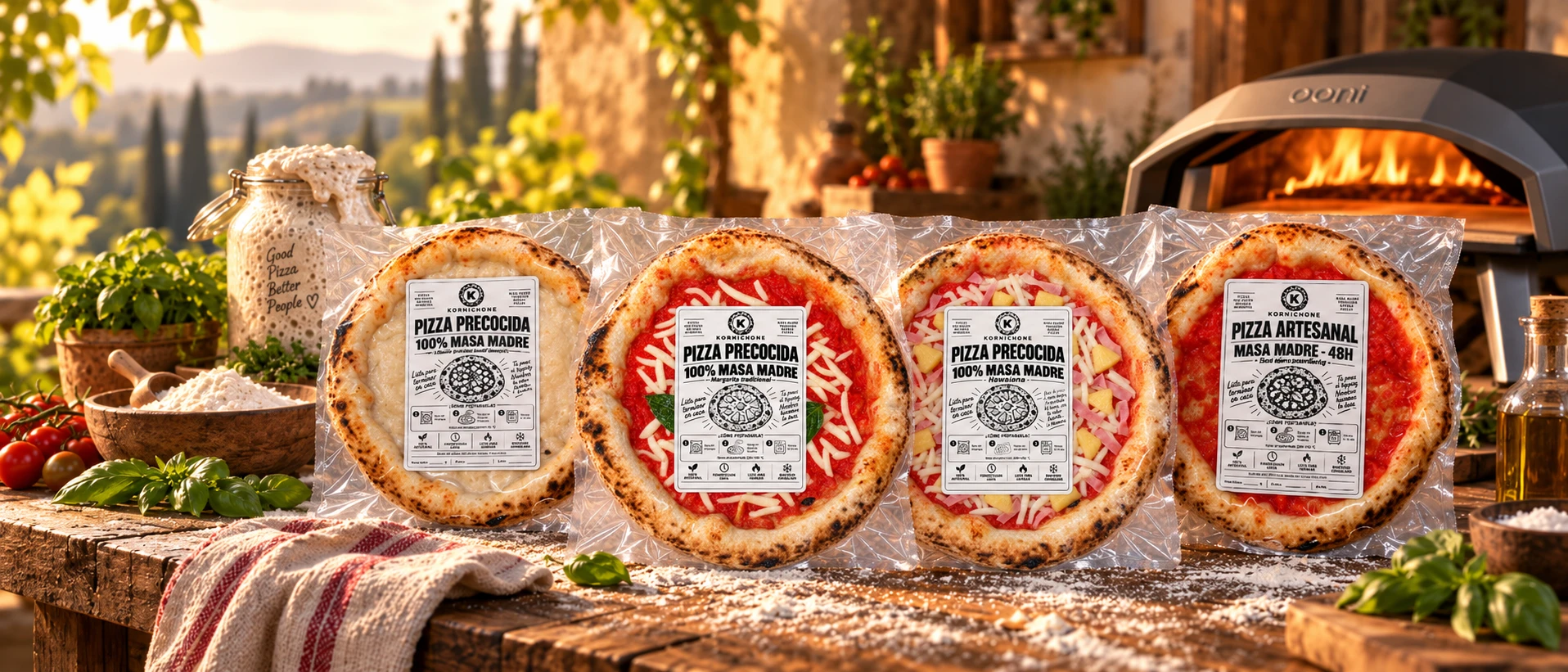 Las cuatro pizzas precocidas de masa madre empacadas al vacío, sobre una mesa rústica con horno de leña de fondo