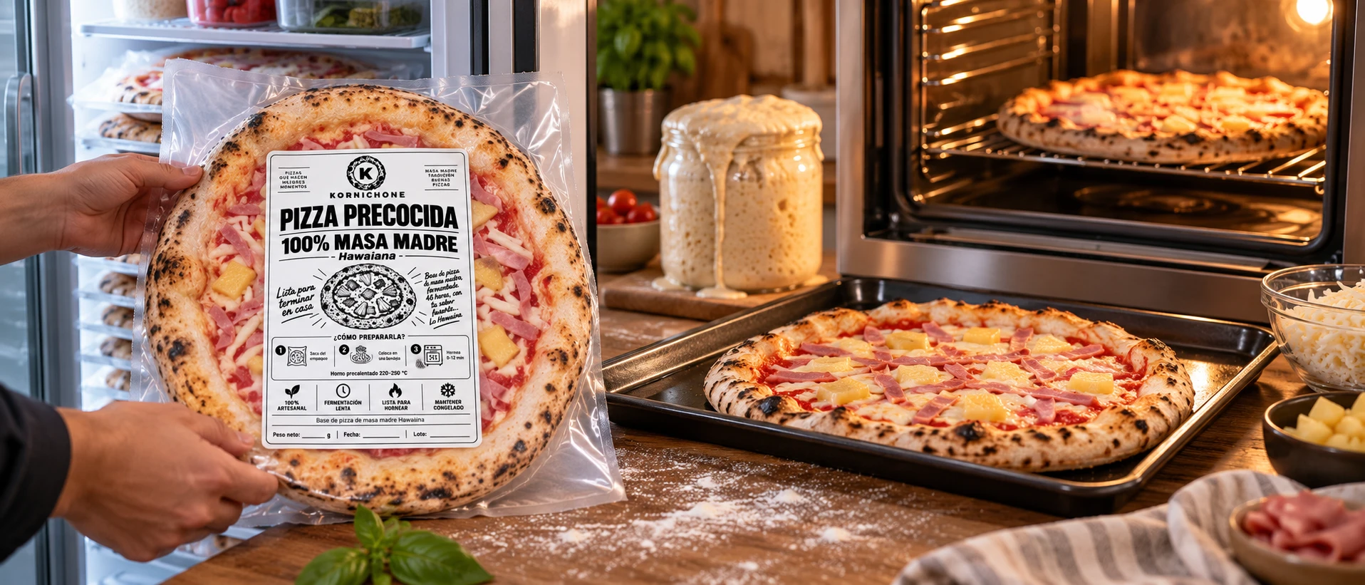 Una pizza precocida hawaiana sacada del congelador, lista para terminar de hornear en el horno de casa, junto a un frasco de masa madre