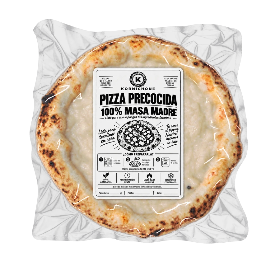 La Base, pizza precocida en bolsa al vacío sobre fondo oscuro